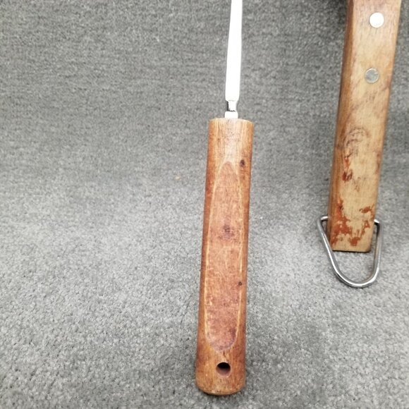 BBQ Grilling Tool Set of LOT 4 Metal Spatula Wood Handle Tongs 2 Tine Long Forks - Picture 9 of 16